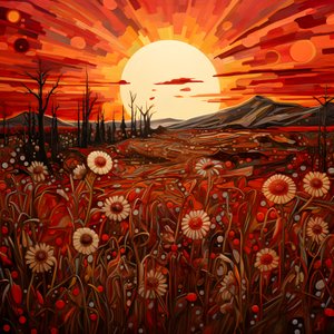 Abstrakte Landschaftskunst mit einem Feld von Wildblumen und einer kräftigen roten Sonne 3