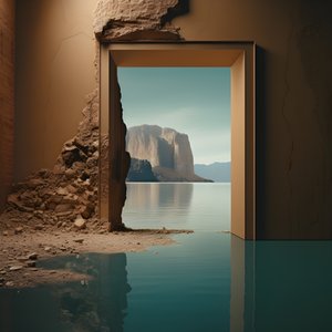 Ein Bild eines ungenutzten Raums mit einem riesigen See und einer Wüste in einem großen Loch, Futurecore, hoher Kontrast, Chiaroscuro, warme Töne 3