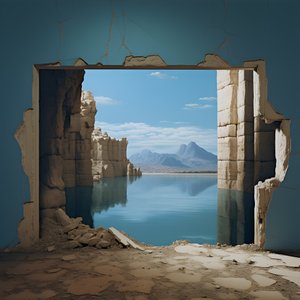 Ein Bild eines ungenutzten Raums mit einem riesigen See und einer Wüste in einem großen Loch, Futurecore, hoher Kontrast, Chiaroscuro, warme Töne 4