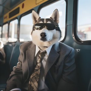 Ein Siberian Husky Hund im Anzug und mit Sonnenbrille am Busbahnhof, wie ein Gentleman