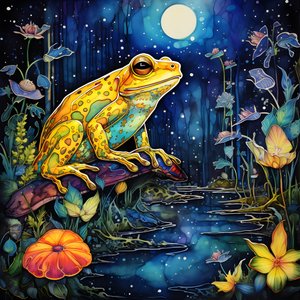 Gelber Frosch im Wald, Mond, Fluss