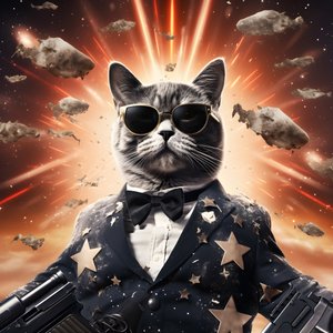 Filmplakat einer Katze, die ein schwarz-weiß gepunktetes Hemd und eine glänzende Sonnenbrille trägt, mit Explosionen und Kanonen im Hintergrund