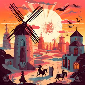 Hintergrund Don Quijote ganz rechts auf seinem Esel so klein wie ein Schatten, vor den Windmühlen, eine passende Kulisse 2