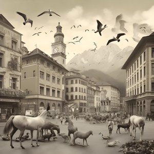 Innsbruck in einer alten Fotografie mit eleganten Zebras, Möwen, Affen und Tonfiguren. 1