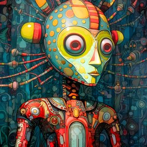 Karneval Cajun Sumpf Mutant Sci-Fi Droide, im künstlerischen Stil von Tim Burton und Beksinski 2