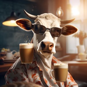Kuh mit Sonnenbrille und Blick auf kalten Kaffee