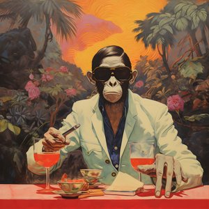 Nahaufnahme eines coolen Affen in einem japanischen Kimono, mit Sonnenbrille, in einer tropischen Landschaft