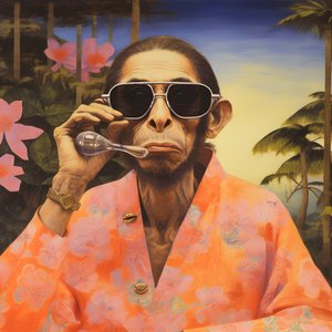 Nahaufnahme eines coolen Affen in einem japanischen Kimono, mit Sonnenbrille, in einer tropischen Landschaft