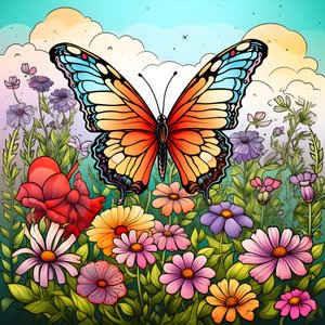 Schmetterling auf einer Wiese mit einem Spalier aus Blumen 1