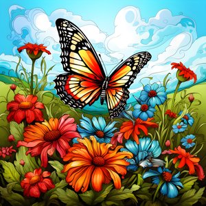 Schmetterling auf einer Wiese mit einem Spalier aus Blumen 4