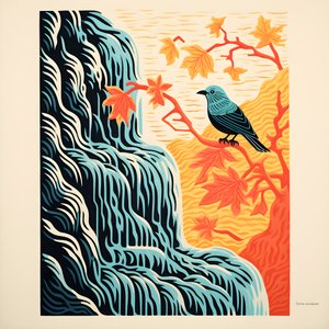 Ultra-minimalistische Illustration eines bunten tropischen Vogels, der auf einer verzweigten Pflanze vor einem Gebirgsbach mit einem schönen Wasserfall sitzt