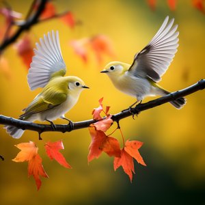 Zwei super süße grüne Weißaugenvögel spreizen ihre Flügel und fliegen in den herbstlichen Ahornblättern