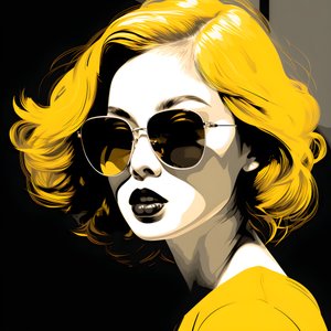 Eine Illustration eines Mädchens mit gelber Sonnenbrille, Haaren im Gesicht und Ohren, im Stil der Film-Noir-Ästhetik 4