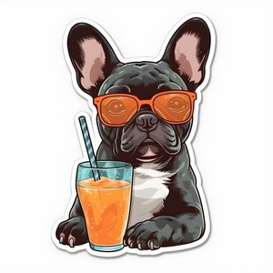 Aufkleber, coole französische Bulldoggen, trinken einen Cocktail