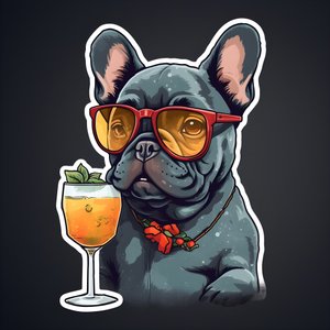 coole französische Bulldoggen, trinken einen Cocktail
