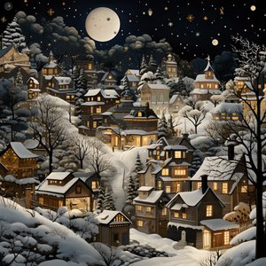 Ein Dorf bei Nacht unter verschneiten Bäumen