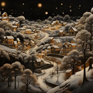 Ein Dorf bei Nacht unter verschneiten Bäumen