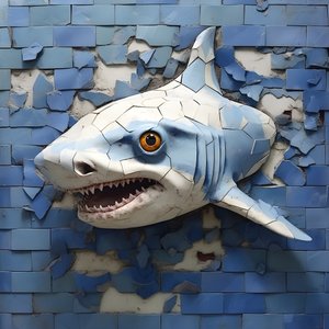 Ein blauer Haifisch mit gemaltem Gesicht auf einer alten Mauer 2