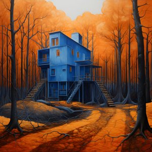 Ein blaues Haus in einem orangefarbenen Wald