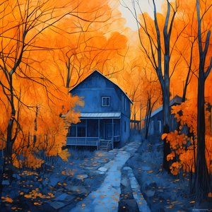 Ein blaues Haus in einem orangefarbenen Wald