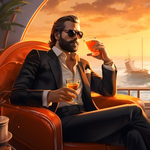 Ein reicher Mann, gut gekleidet, sitzt auf einem privaten Kreuzfahrtschiff und trinkt einen Cocktail 4