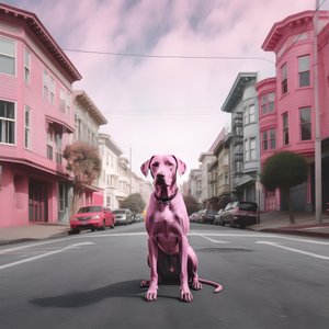 Ein rosa Hund mitten in der Stadt San Francisco