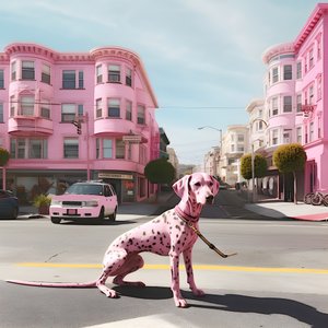 Ein rosa Hund mitten in der Stadt San Francisco von Kurt Heppke
