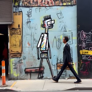 Eine gemalte Figur wird lebendig, als sie eine Straße in New York entlangläuft, surreales Foto
