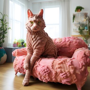 eine riesige gehäkelte Katze in einem realistischen Wohnzimmer
