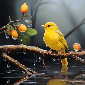 Gelber Vogel auf einem Ast im Wasser