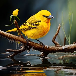 Gelber Vogel auf einem Ast im Wasser