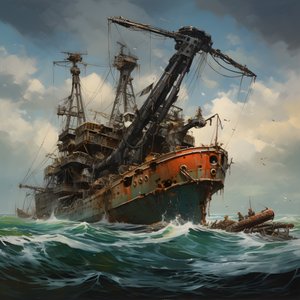 Großes Wrack wird von einem Kran aus dem Meer gezogen