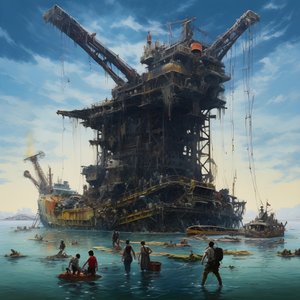 Großes Wrack wird von einem Kran aus dem Meer gezogen von Kurt Heppke