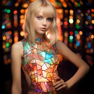 hübsches blondes Mädchen im Alter von 14 Jahren trägt ein buntes Tiffany-Glasmalereikleid 1
