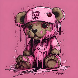 Rosafarbener Unisex-Teddy mit einem braunen Tattoo auf der Stirn 4