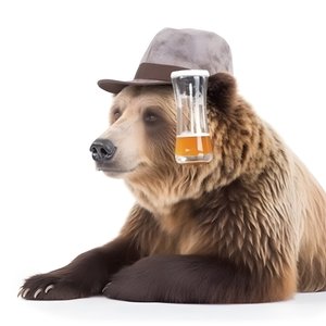 Ein Bär mit einem Zylinder und einem Bierkrug von vorne und im Profil auf weißem Hintergrund 1