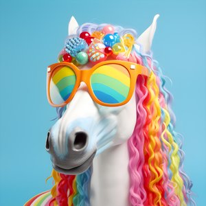 Weißes Pferd mit Regenbogenbrille auf blauem Hintergrund 4