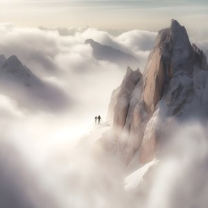 Zwei Menschen beim Skifahren über einem wolkenverhangenen Berg