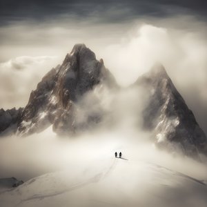 zwei Menschen beim Skifahren über einem wolkenverhangenen Berg