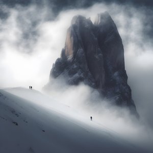 Zwei Menschen beim Skifahren über einem wolkenverhangenen Berg