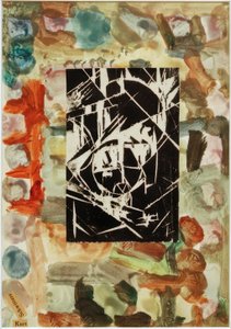 Ohne Titel (Collage mit Holzschnitt auf abstrakter Malerei) von Kurt Schwitters