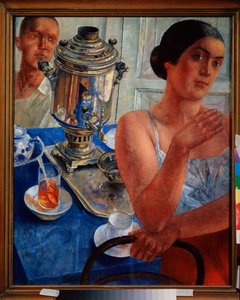Rund um den Samowar. (Szene aus dem Alltag, ein Paar trinkt Tee). Gemälde von Kusma Sergejewitsch Petrow-Wodkin (Petrow-Wodkin) (1878-1939), Öl auf Leinwand