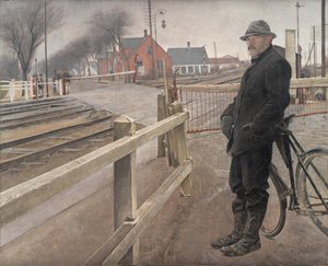 Warten auf den Zug. Bahnübergang an der Roskilde-Straße