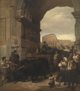 Römische Arbeiter transportieren eine antike Kaiserstatue vom Kolosseum durch den Titusbogen zu den Kapitolinischen Museen