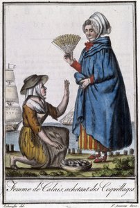 Frau aus Calais kauft Muscheln - in „Enzyklopädie der Reisen“ von J. Grasset St Sauveur, Deron, Paris von L.F. Labrousse