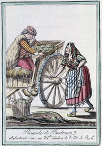 Fischhändlerin von Bordeaux streitet mit einem Austernhändler vom Kopf von Buch - in „Encyclopedia of travels“ von J. Grasset St Sauveur, Deron, Paris von L.F. Labrousse