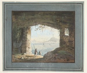 Aussicht von Ruine über Meeresbucht mit Vulkan von L. Chipart