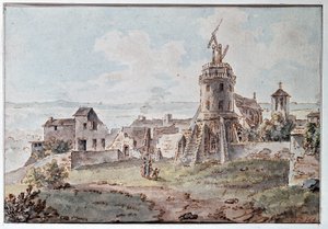 Ein Chappe-Telegraph auf einem Turm, von Goblain, Ende des 18. Jahrhunderts von L. Goblain