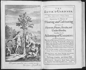 Frontispiz zu The Retird Gardener von George London und Henry Wise, graviert von Van der Gucht, 1706