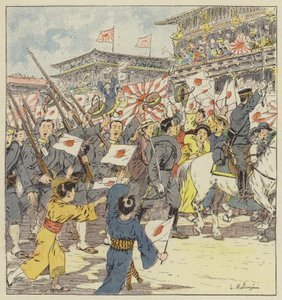 Die Truppen werden von der Menge bei ihrer Abreise aus Tokio bejubelt von L. Malespine